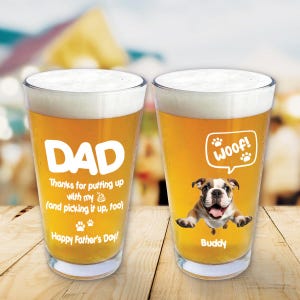Personalized Pet Photo Beer Glass, Custom Photo Art for Pet Owner, Personalized Father&#39;s Day Gift Beer Glass for Dad, Best Animal Drinkware