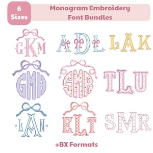 May include: A collection of monogram embroidery font bundles in various colors, including pink, blue, and yellow. Each monogram features a decorative bow and ribbon design. The image includes the text "Monogram Embroidery Font Bundles" and "6 Sizes".