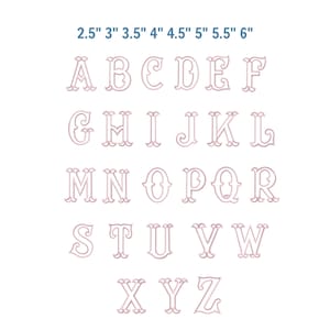 May include: A set of embroidered letters in a serif font, ranging from 2.5 to 6 inches in height. The letters are in a light pink color and are displayed against a white background. The letters A through Z are shown.
