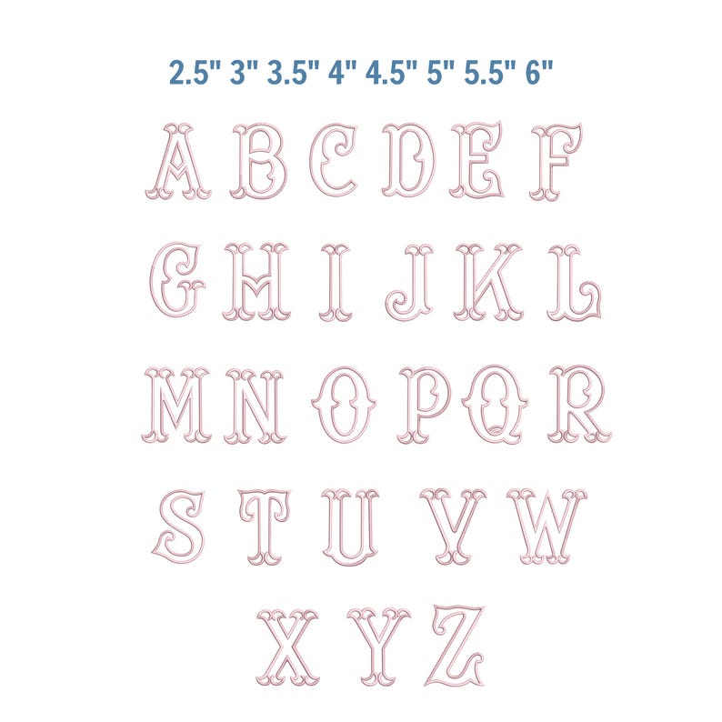 May include: A set of embroidered letters in a serif font, ranging from 2.5 to 6 inches in height. The letters are in a light pink color and are displayed against a white background. The letters A through Z are shown.