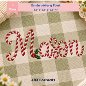 May include: An embroidery font design featuring the name Mason in a red and white candy cane pattern. The text includes a small green holly leaf accent. The design is displayed on a green and white gingham fabric with 6 sizes: 1.5", 2", 2.5", 3", 3.5", 4".