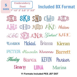 May include: A digital embroidery font collection featuring various names and monograms in multiple colors and styles. Text includes 5 SIZES 1" 1.5" 2" 2.5" 3" 3.5", Included BX Format, and 11 Formats Included PES JEF DST, showcasing diverse lettering designs.