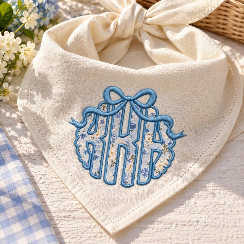 Applique Monogram Embroidery Font With Bow,scallop Frame Applique ...