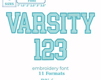 2-farbiges Varsity Digitales Stickschrift-Alphabet, College Block Collegiate Sport Sportlich Buchstaben, 5 Größen, 11 Formate + SX-Schrift