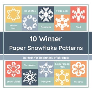 10 Winter Paper Snowflake Patterns - PDF DIGITAL DOWNLOAD - Paper Snowflake Templates - Snowman Snowflake - Reindeer Snowflake