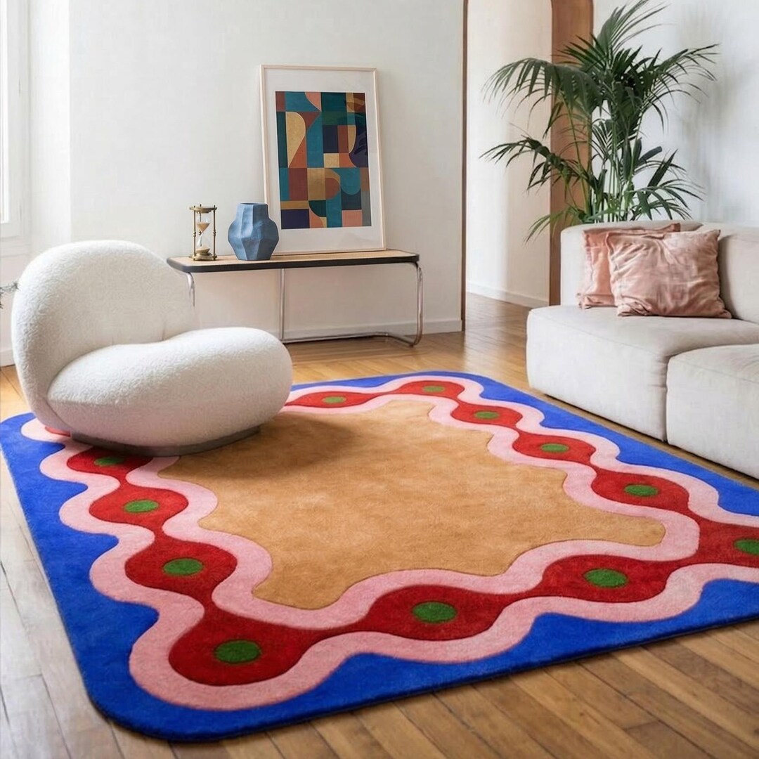 Wool Wave Rug Hand-tufted Wool Wave Border Rug, Modern Retro Design - Etsy