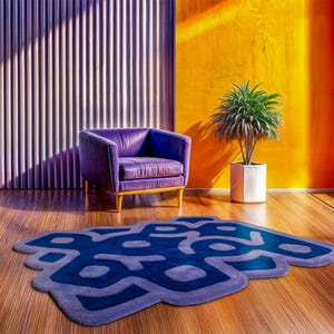 Maze Rug, Navy Blue & Purple, Abstract Design, Irregular Tufted Rug, Handmade with NZ wool, Unique Housewarming Gift
