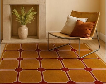 Geometric Wool Rug: Mustard & Red Carved Grid Design