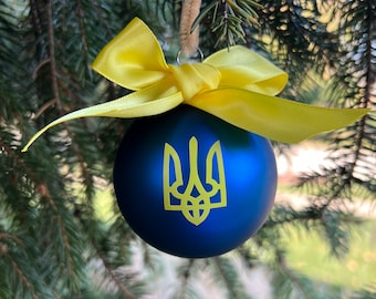 Ukraine Christmas Glass Ornament Glory to Ukraine Slava Ukraini Blue Yellow Tryzub Trident Christmas Tree Ukrainian Слава Україні