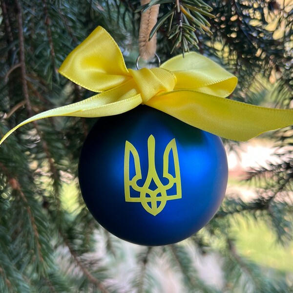 Ukraine Christmas Glass Ornament Glory to Ukraine Slava Ukraini Blue Yellow Tryzub Trident Christmas Tree Ukrainian Слава Україні