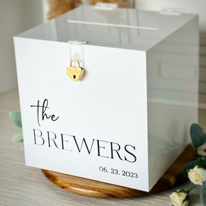 Boîte pour cartes de mariage, Boîte pour cartes de nom de famille personnalisée, Boîte pour cartes de mariage en acrylique avec cadenas et clé, Boîte en acrylique, Bonne chance, Porte-cartes d'événement