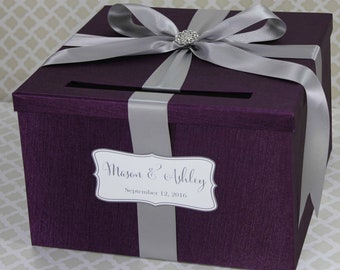 Wedding Card Box Plum Purple Silver Money Wedding Card Holder Customizable, cards and wishes