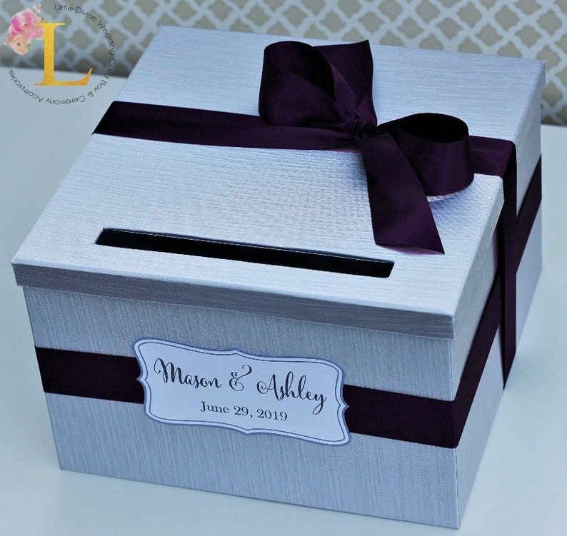 Wedding Card Box Silver Purple Plum Money Holder Customizable Card Holder Weddings Card Gift box image 2
