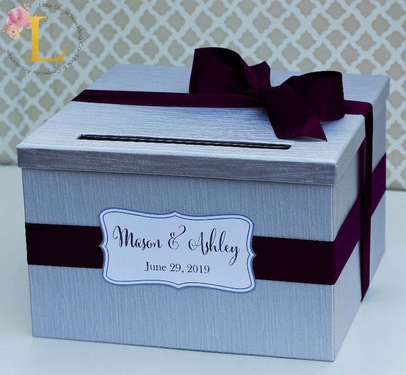 Wedding Card Box Silver Purple Plum Money Holder Customizable Card Holder Weddings Card Gift box image 1