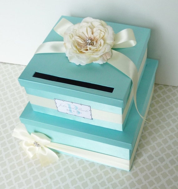 Items similar to Wedding Card Box Tiffany Aqua Blue Ivory Money Holder