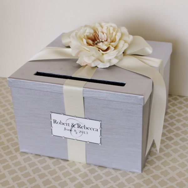 Wedding Card Box Silver Cream Ivory Money Holder Customize in ANY Color and Combination