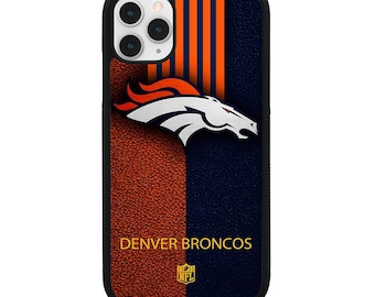 May include: A black iPhone case featuring a Denver Broncos logo. The case has a leather-like texture and is decorated in the team's colours of orange, blue and white. The case also includes the NFL logo.