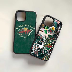 May include: Two phone cases featuring the Minnesota Wild hockey team logo. One case is green with the team logo and the words "Minnesota Wild". The other case has a collage of hockey players wearing the team's jerseys.