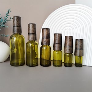 Olive Green Glass Spray Bottles for Essential Oils, Small Empty Spray Bottle, Fine Mist Spray Bottle with Natural Wood Lids, Wholesale