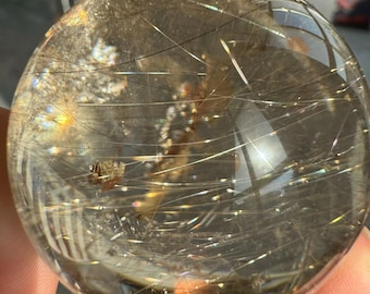 Golden Rutile and Pyrite Cubes in Smoky Quartz Sphere | Very Rare Inclusion Quartz | Manifestation Crystal