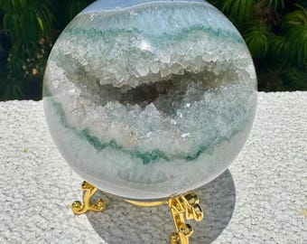 Rare Large 8.8mm Green Rainbow Amethyst Sphere from Brazil w/ Beautiful Blue Agate Banding, Comes with Stand, Collector&#39;s Piece