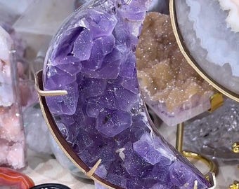 Druzy Sugar Amethyst Moon Cluster on Stand: Collector&#39;s Crystal Piece