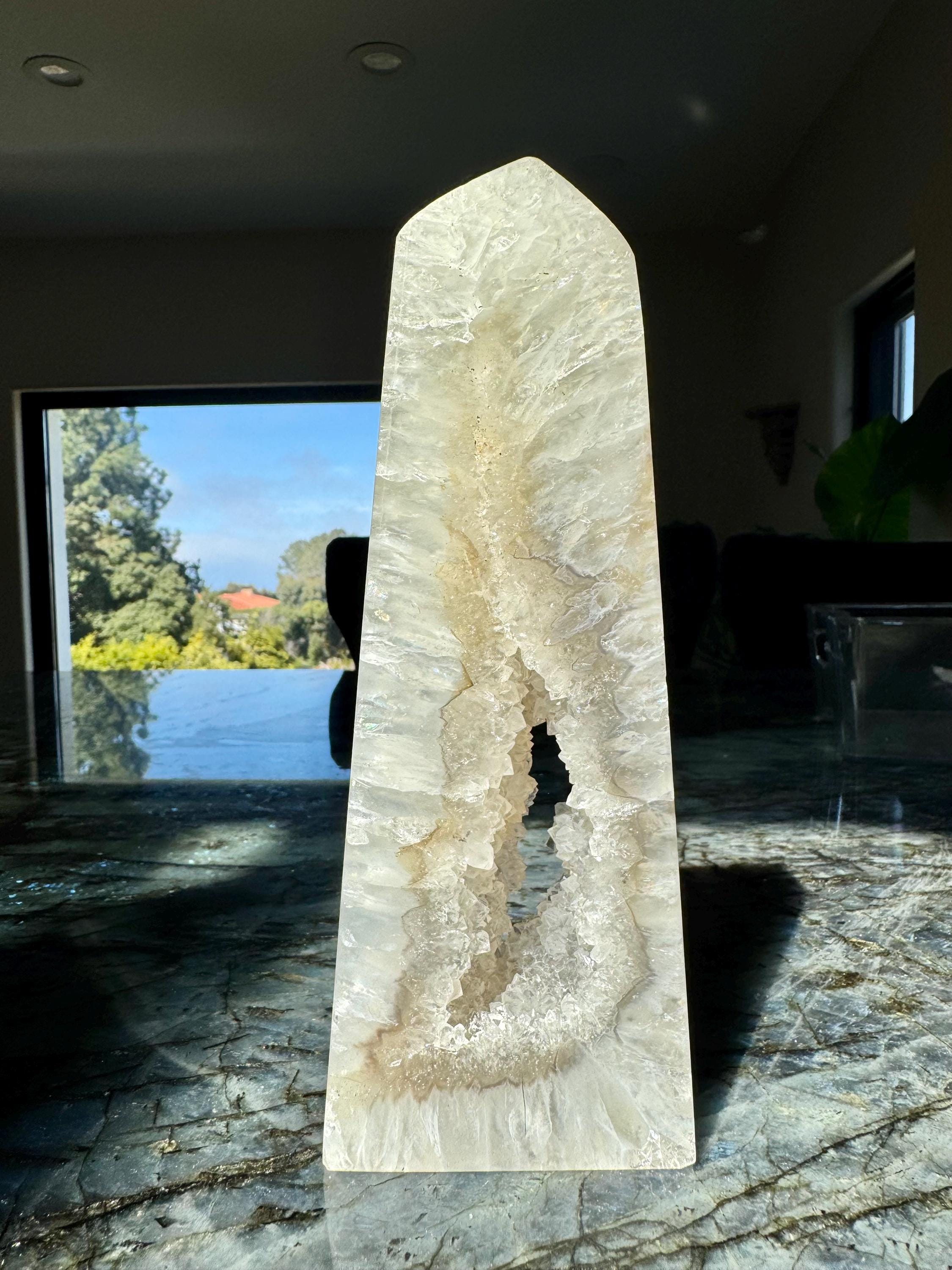 7.8" Rare Gorgeous Druzy Quartz x Agate Tower with Light Grey Banding from Brazil