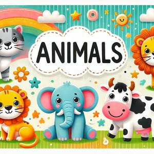 Op de afbeelding: Een kleurrijke illustratie van verschillende dieren, waaronder een kat, een leeuw, een olifant, een koe, een zebra en een ezel. Het woord "DIEREN" staat in een witte wolk met een zwarte rand.