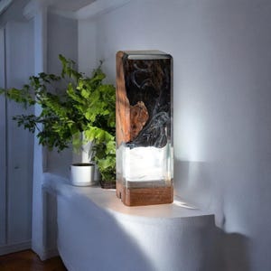 Handcrafted Wood Light for Ambient Home Lighting, Tall Epoxy Resin Wood Lamp, Violet Epoxy LED Lamp for Modern Interiors, Gift for Fathers