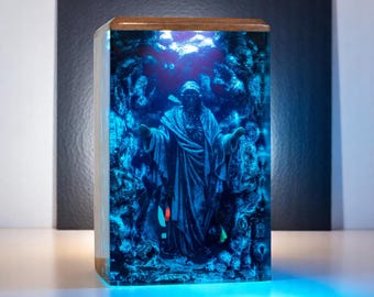 Handmade Resin Lamp: Spiritual Figure, Blue & Green Nature Scene