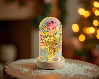 Lampada in resina di alito del bambino fatta a mano: luce notturna floreale cilindrica