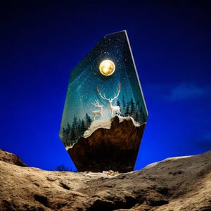 May include: A decorative resin sculpture featuring a nighttime forest scene with two white deer under a full moon and starry sky. The artwork is encased in a clear, geometric shape, with a dark blue background.