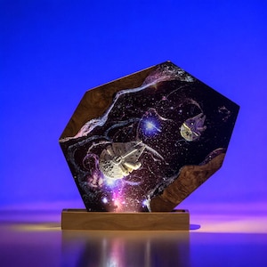 Futuristic Galaxy Resin Lamp, Handmade Wood Light for Space Lovers, Unique Space Décor Gift for Him, Cosmic Night Light, Christmas Gifts