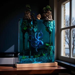 Rock Mountain Octopus Lamp, Blue Ocean Resin Epoxy Light, Handmade Night Lamp, Personalized Gift