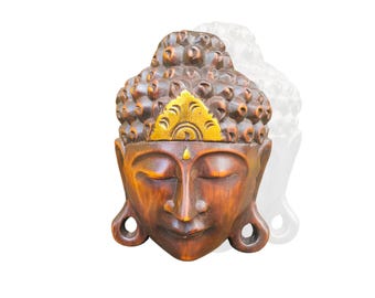 Natural Wood with Gold Touch Buddha Mask Exquisite Bali Craftsmanship for Serenity and Elegance, Wall Decor