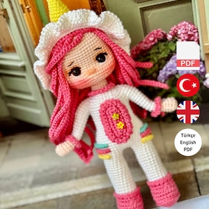 Crochet Doll Pattern, Pinky Doll Pattern, Amigurumi Doll Pattern, PDF in Turkish, PDF in English, Amigurumi Crochet Doll Pattern