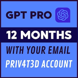 May include: A blue and purple graphic with the text "GPT PRO" at the top, followed by "12 MONTHS" and "WITH YOUR EMAIL PRIV4T3D ACCOUNT". A logo is in the upper right corner.