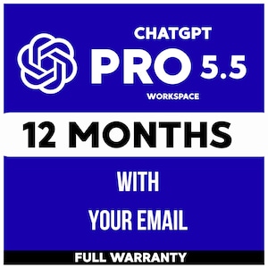 May include: A blue graphic with the words "ChatGPT PRO 5.5 Workspace" in white. Below, the text "12 MONTHS WITH YOUR EMAIL" is displayed. The bottom of the graphic reads "FULL WARRANTY". A white and blue logo is in the upper left corner.