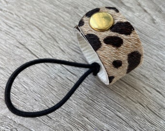 Cheetah Cat hair on hide leather hair cuff/ hair tie, hair accessory by odi boutique jewellery