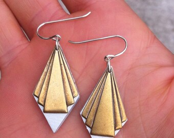 diamond Fan earrings by Odi Boutique Jewellery small version, antiqued brass and white