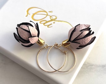 Wild Flower Earrings On Hoops- Baby Pink and 14 karat Gold filled or sterling Silver Hoops