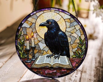 suncatcher stained glass raven with book and candles Halloween gift