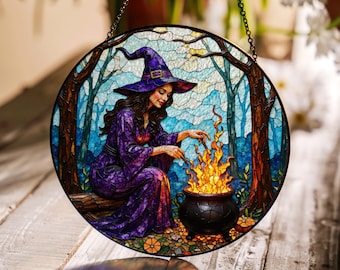 Witch by Cauldron Purple Dress Halloween Suncatcher Window Hanging Gift for Spooky Season Lovers
