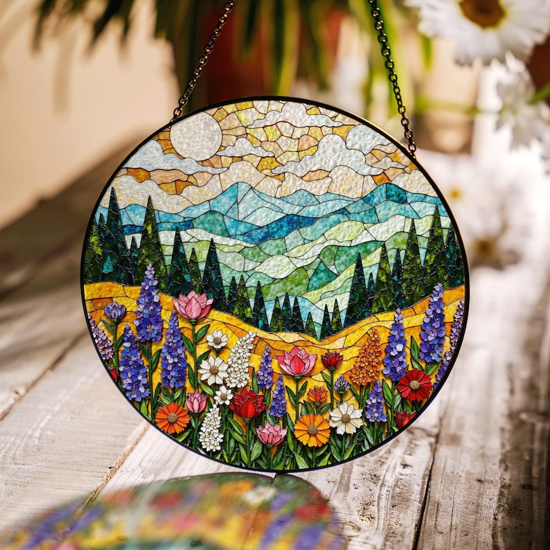 a stained glass picture hanging from a chain