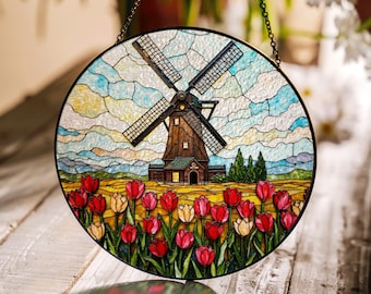 Dutch windmill tulip field stained glass window hanging floral suncatcher gift for mom