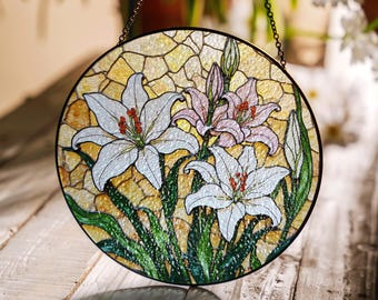 Weiße Lilie Glasmalerei Suncatcher Fenster Dekor Blumenkunst Geschenk für Sie