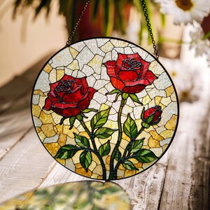 Red Rose Stained Glass Suncatcher – Handmade Floral Window Decor – Gift for Garden Lovers, Moms, or Romantic Occasions