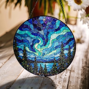 Northern Lights Stained Glass Suncatcher Nature Window Hanging Gift for Nature Lovers