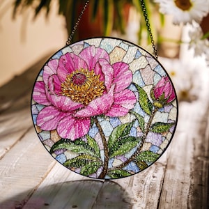 Pink Peony Stained Glass Suncatcher Handcrafted Floral Sun Catcher Gift for Mother&#39;s Day