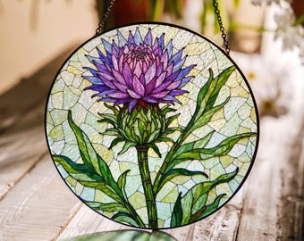 Purple thistle flower stained glass window hanging suncatcher gift for botanical art lovers